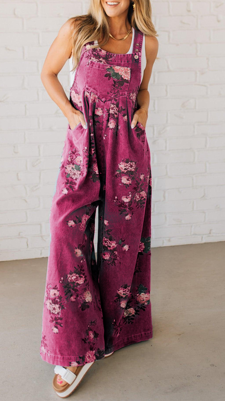 Women's Printed Pocket Casual Denim Overalls