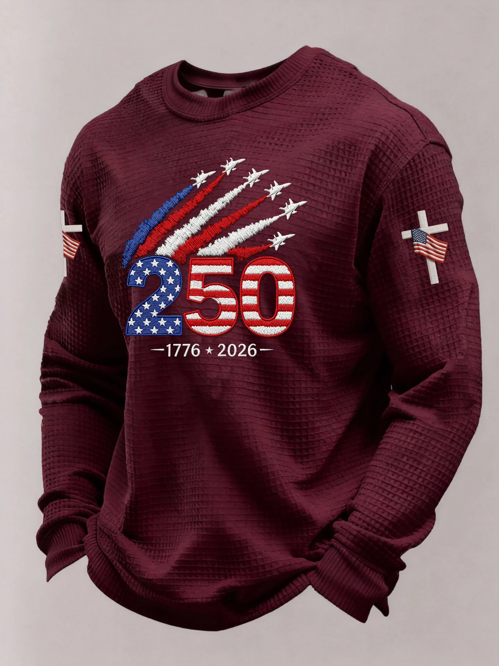 Men'S Retro Waffle American Flag Commemorative 250Th Anniversary Printed Long Sleeve Round Neck Sweatshirt