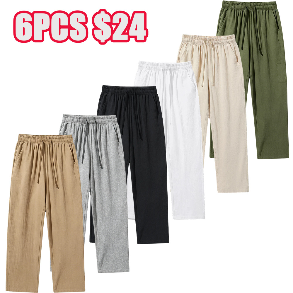 100% Cotton Linen Pants for Men & Women, Summer Casual Elastic Waist Drawstring Wide Leg Breathable Trousers