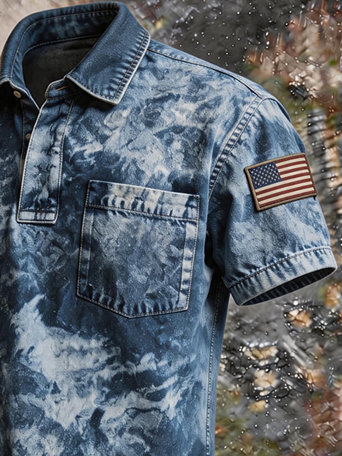 Men's Tie-Dye Washed Denim Polo Shirt, American Flag Patch Sleeve Chest Pocket Vintage Casual Short Sleeve Streetwear Top