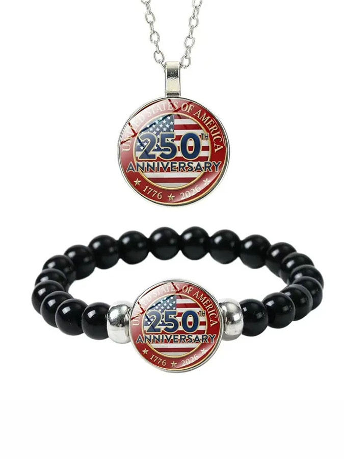 Unisex American Independence Day Necklace Bracelet Set, Gift Accessory Two-Piece Set