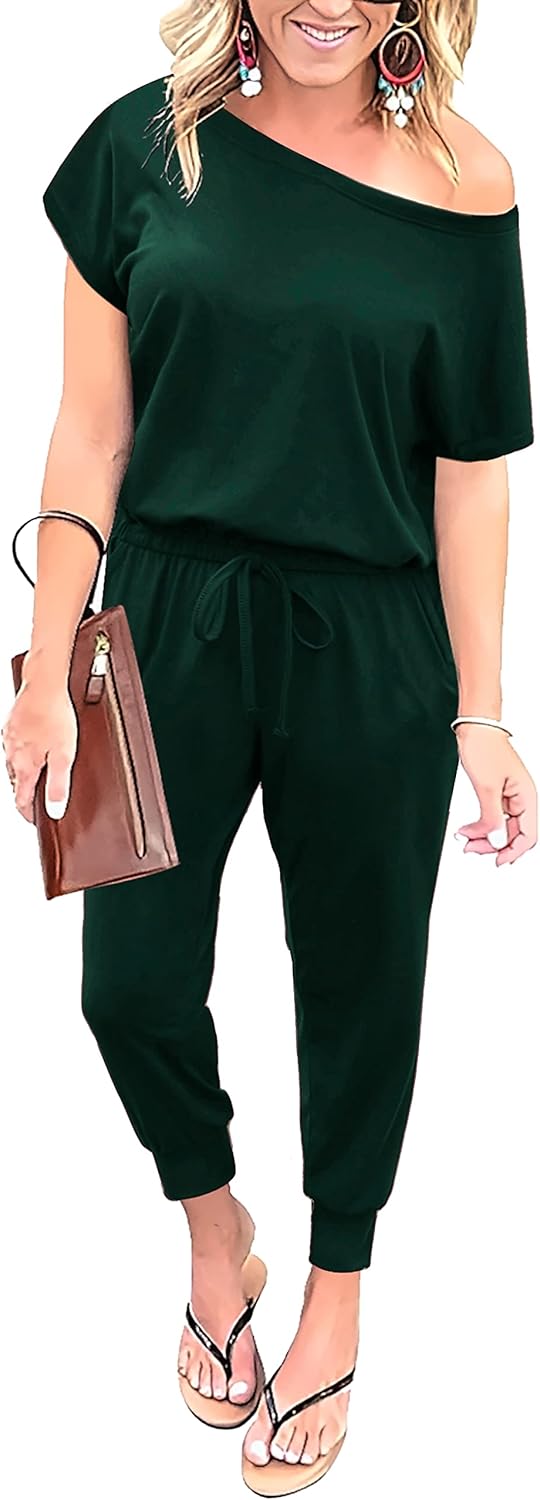 Summer Jumpsuit Rompers Off Shoulder for Women with Pockets Casual Elastic Waist