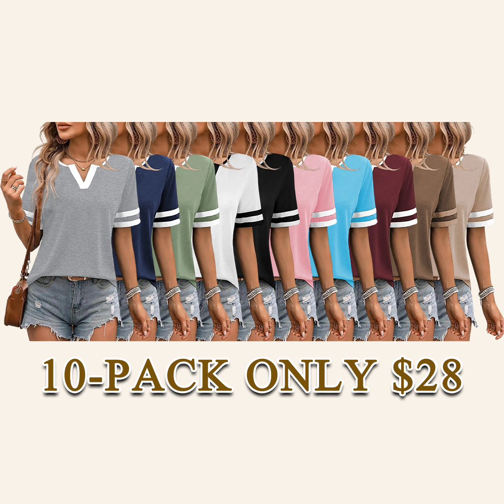 🔥Final 3 hours 75% off:🌸Women's V-Neck Striped Short Sleeve Top Fitted Cotton Blend Breathable Summer Daily Wear Blouse