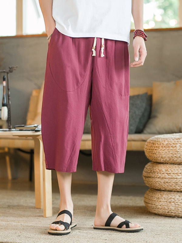 Men's Casual Linen Loose Fit Elastic Waist Wide Leg Harem Capri Pants