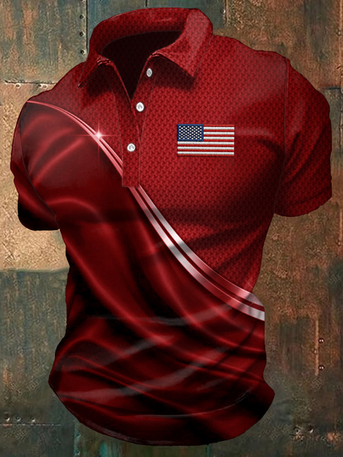 Men'S American Flag Print Casual Polo Shirt