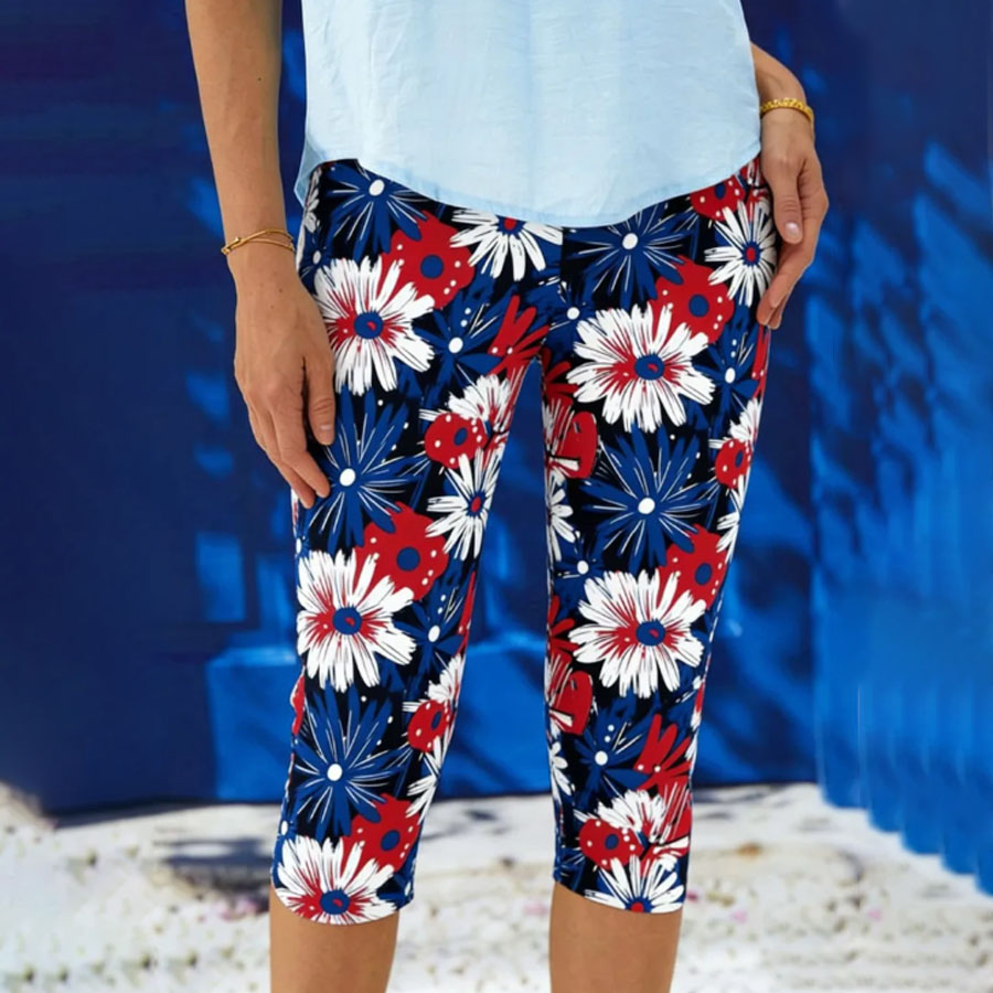 Women's American Flag Floral Print Casual Leggings