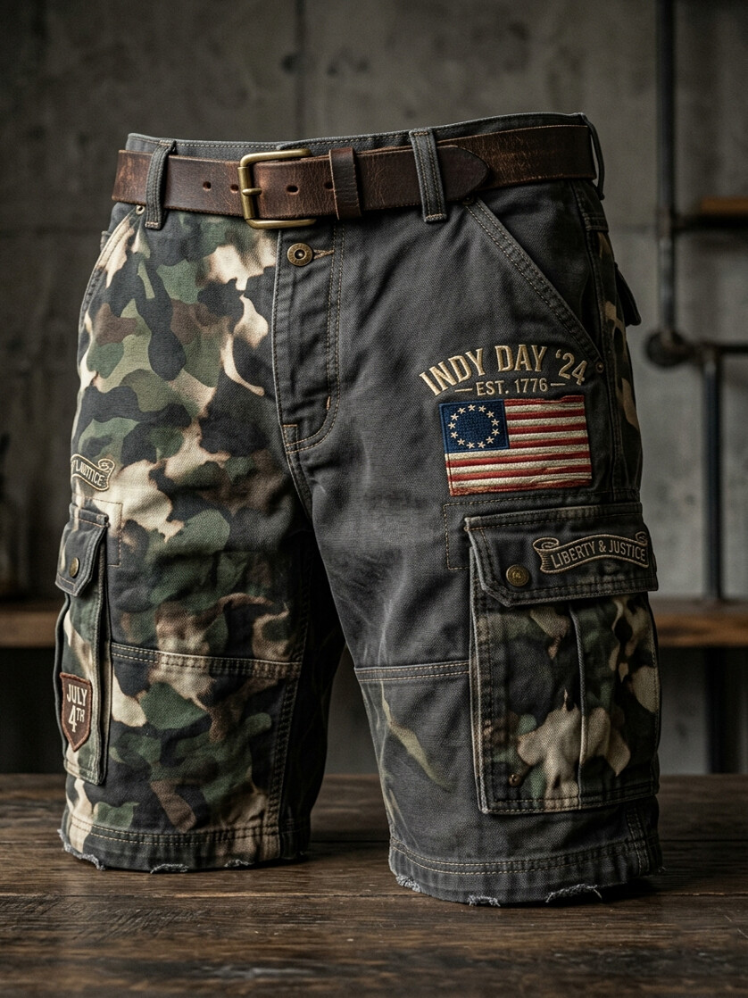 Men's Camouflage American Flag Art Print Denim-Like Cargo Shorts