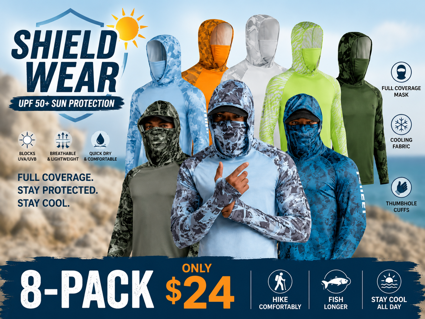 Men's Sun Protection Hoodie (with Face Mask/Neck Gaiter) — UPF 50+ UV Protection