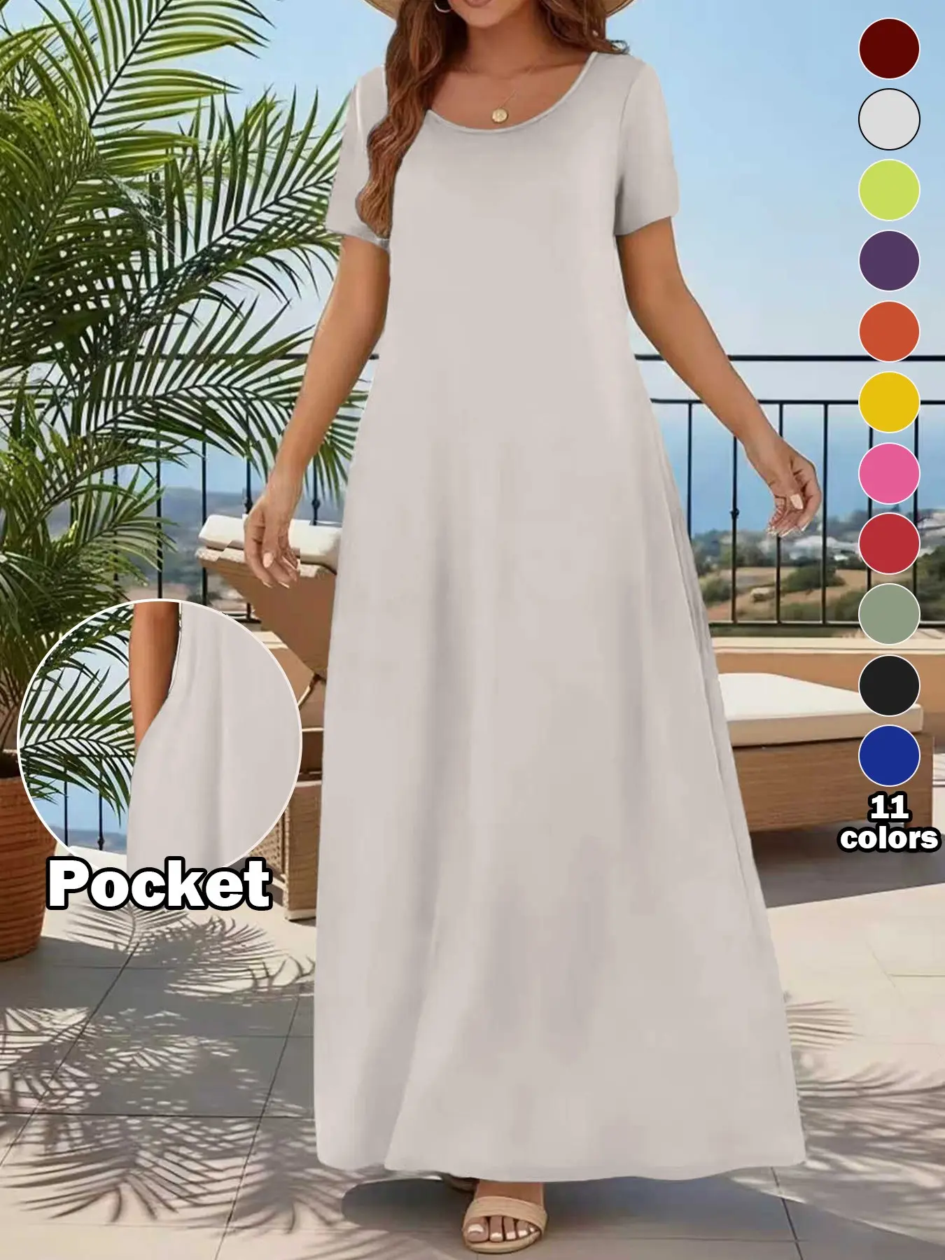 Women's Casual Commuter Plain Minimalist Short Sleeve Dress with Pockets