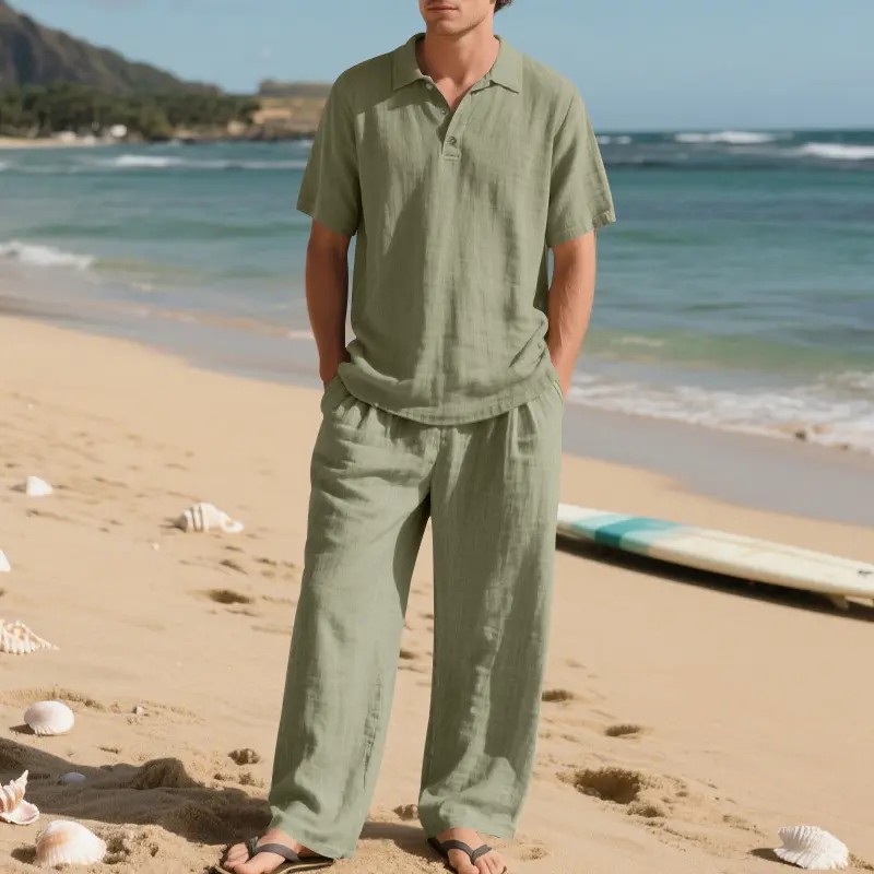 Men’s Linen Beach Two Piece Set, Casual Short Sleeve Button Down Shirt and Loose Long Pants Set
