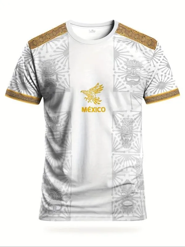 Men's Mexican Football Shirt, Eagle Round Neck Comfortable Breathable Top