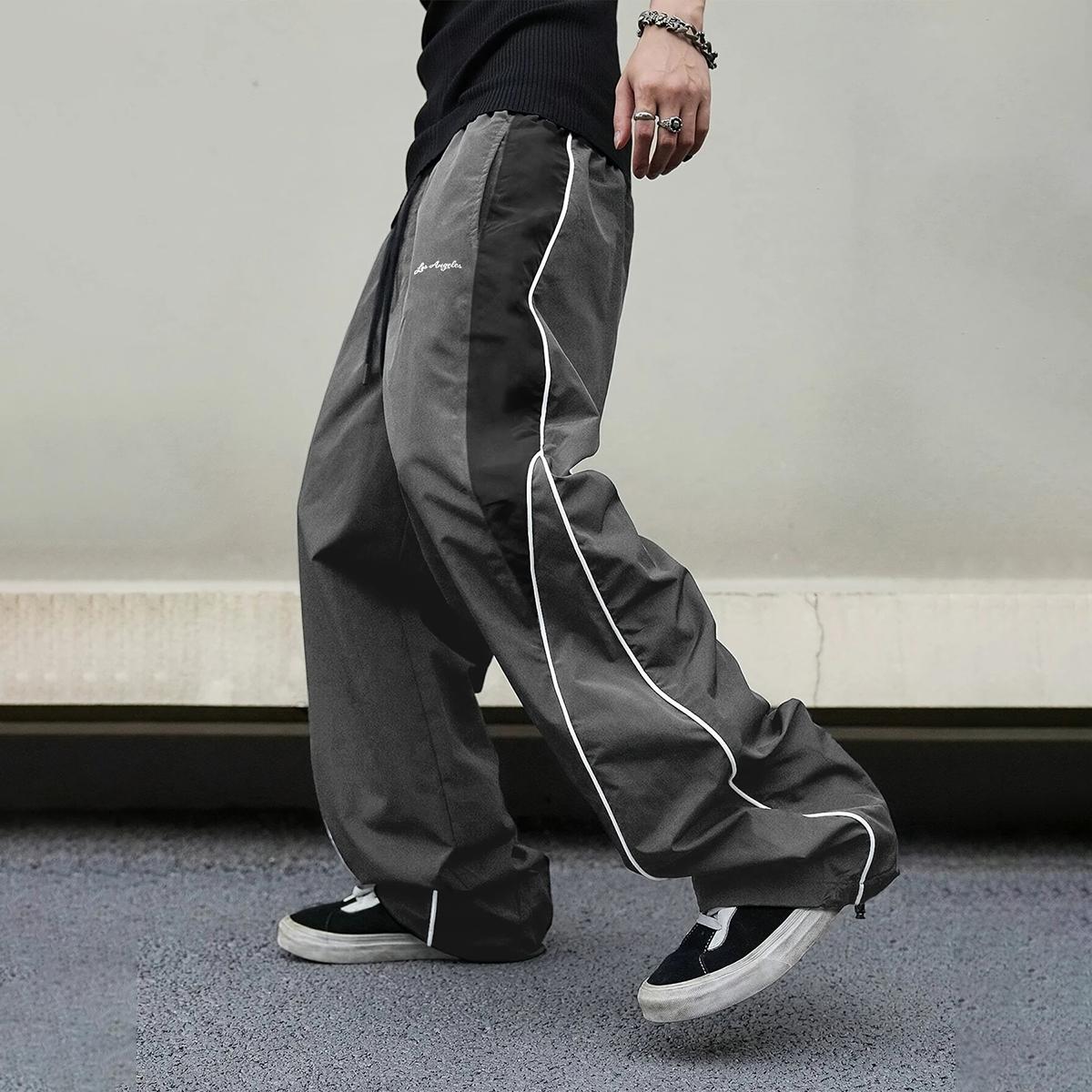 Men's High-Street Style Color-Block Spliced ​​Wide-Leg Pants with Side Stripes and Drawstrings