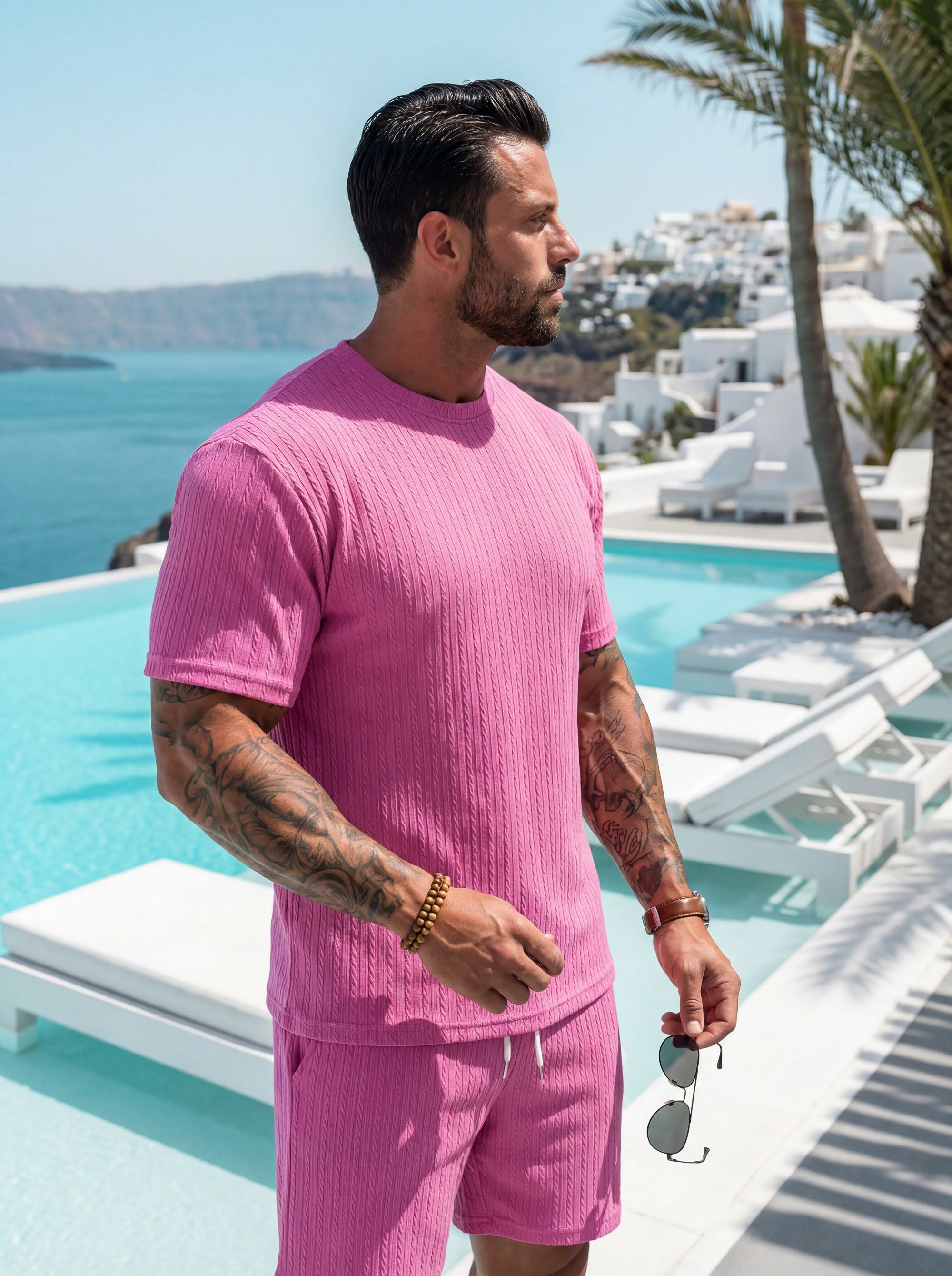 Men's Solid Textured Drop Shoulder Short Sleeve Tee & Drawstring Waist Shorts Set