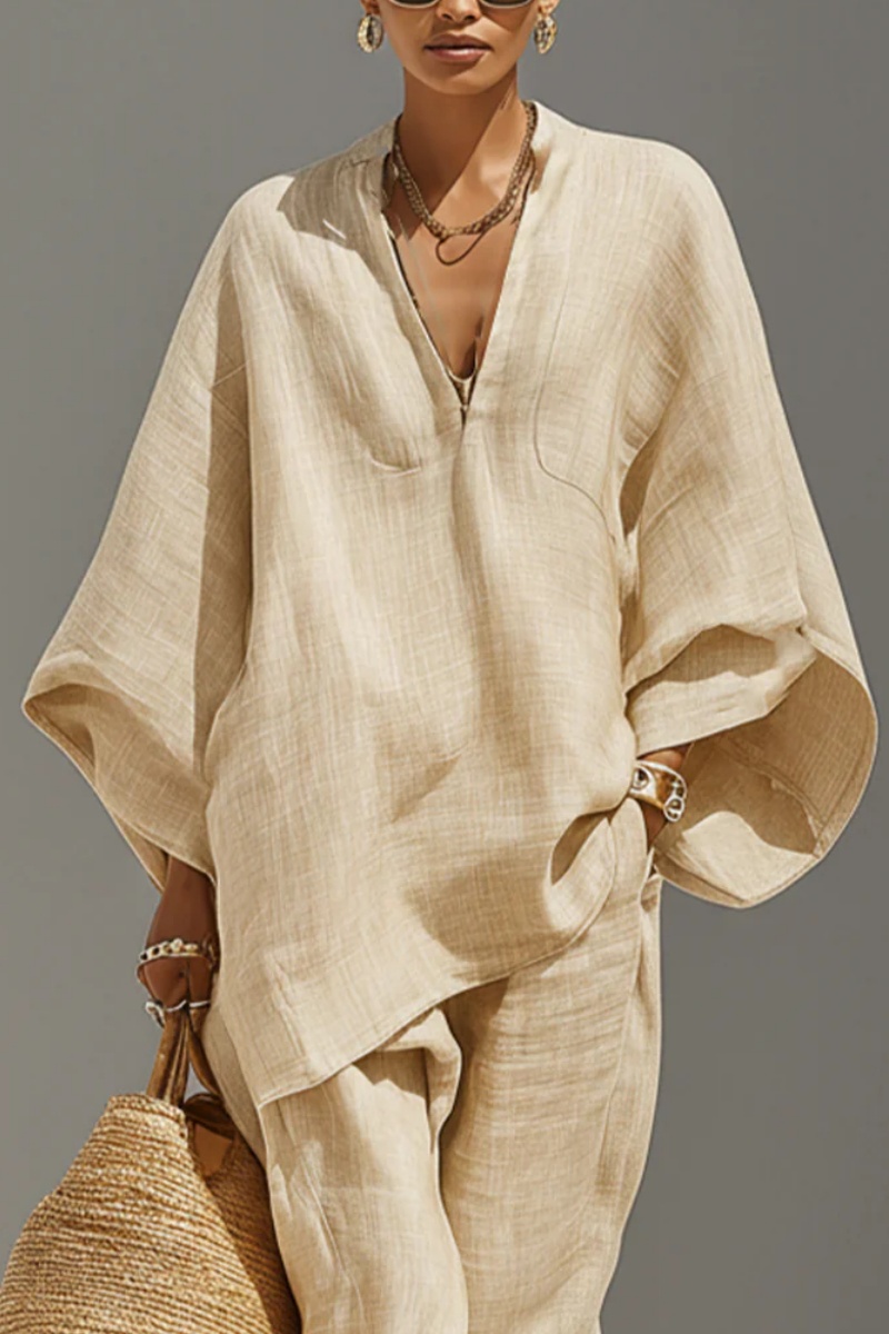 Women's Neutral Linen Set With Asymmetric Hem & Minimalist Design, Sophisticated Daily-Casual Style Set