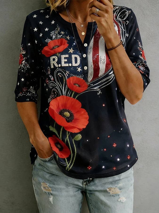 Women's Casual RED FRIDAY Printed Cotton Linen Floral Print Shirt
