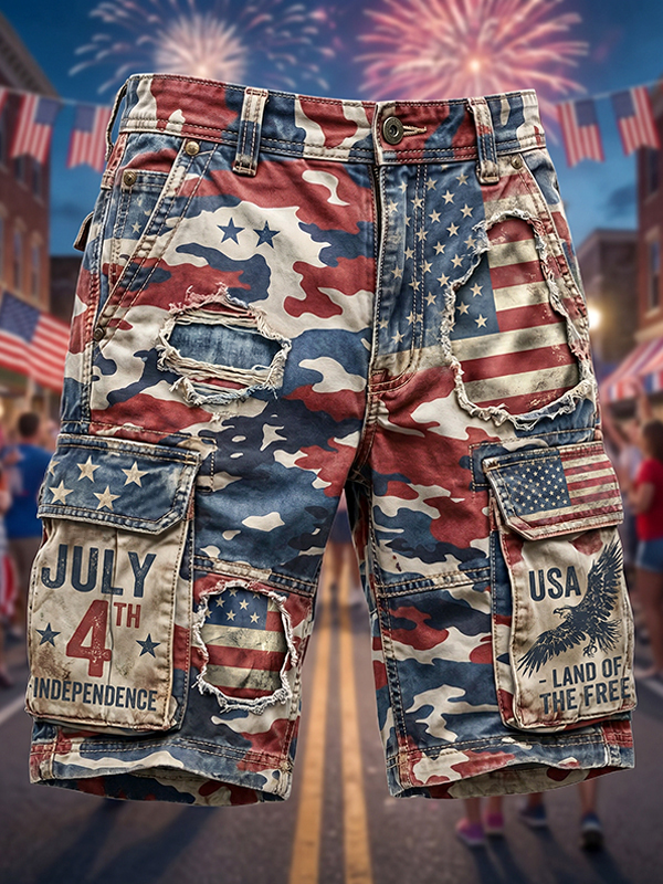 Men's American Flag Retro Ripped Camo Art Print Casual Shorts