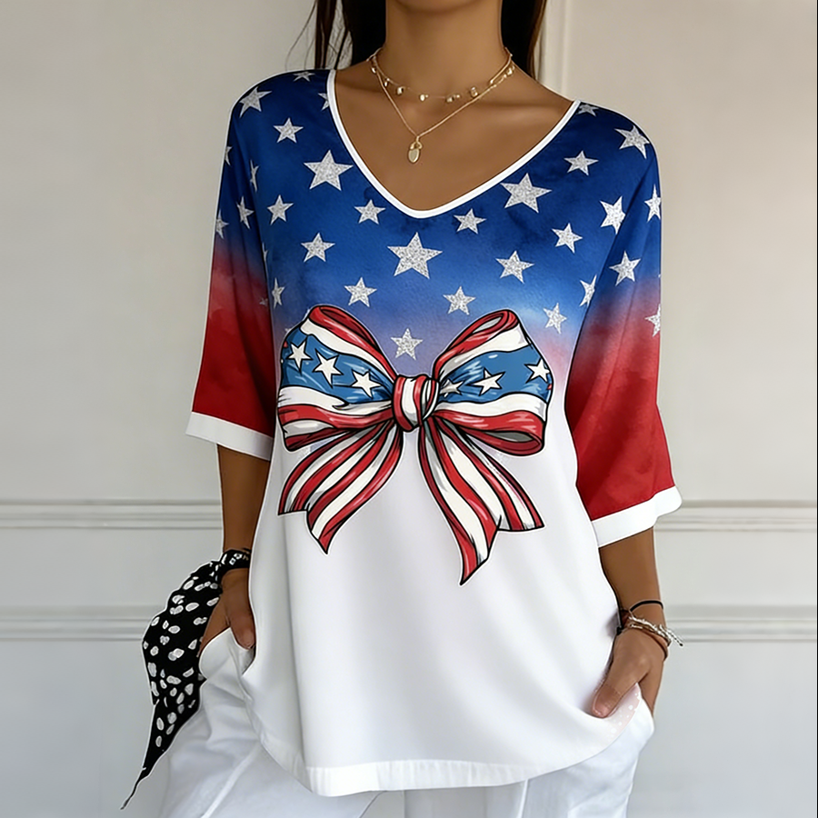Ladies' Casual American Flag Print V-Neck Half Sleeved T-Shirt