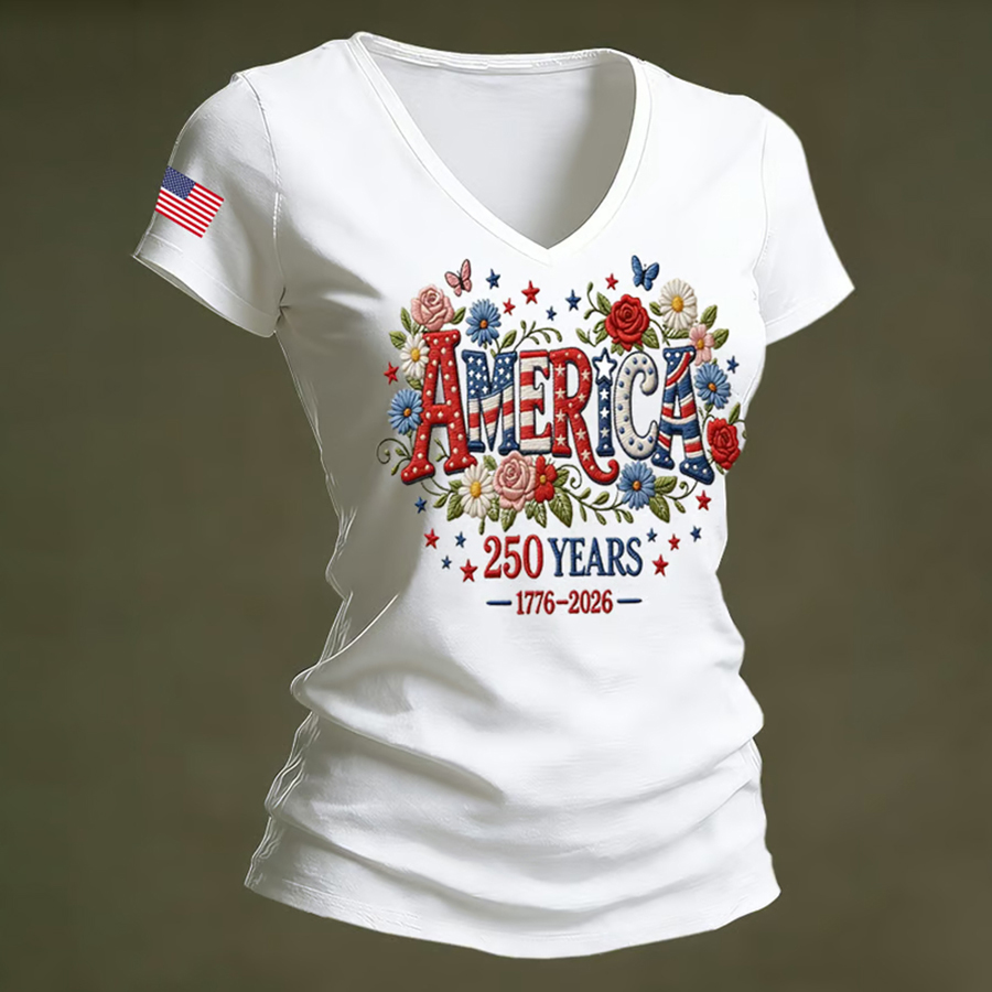 Ladies' Casual US National Day Embroidered Floral Print V-Neck Short Sleeved T-Shirt