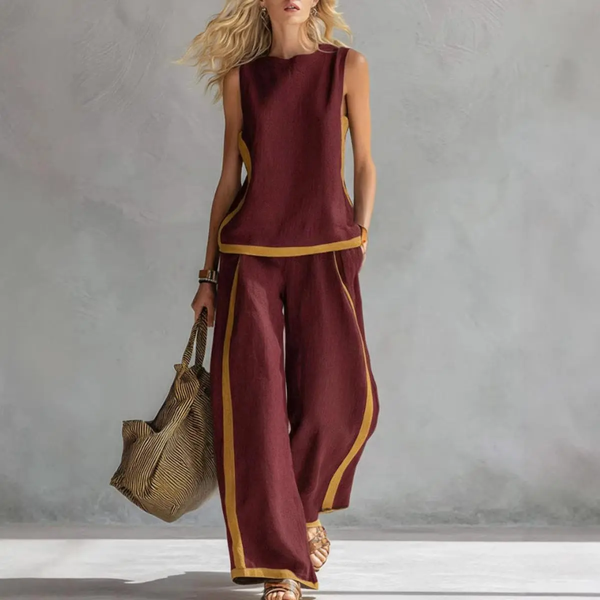 2026 Blend Two Piece Set for Women Sleeveless Color Block Top Wide Leg Pants Set Casual Summer Outfit