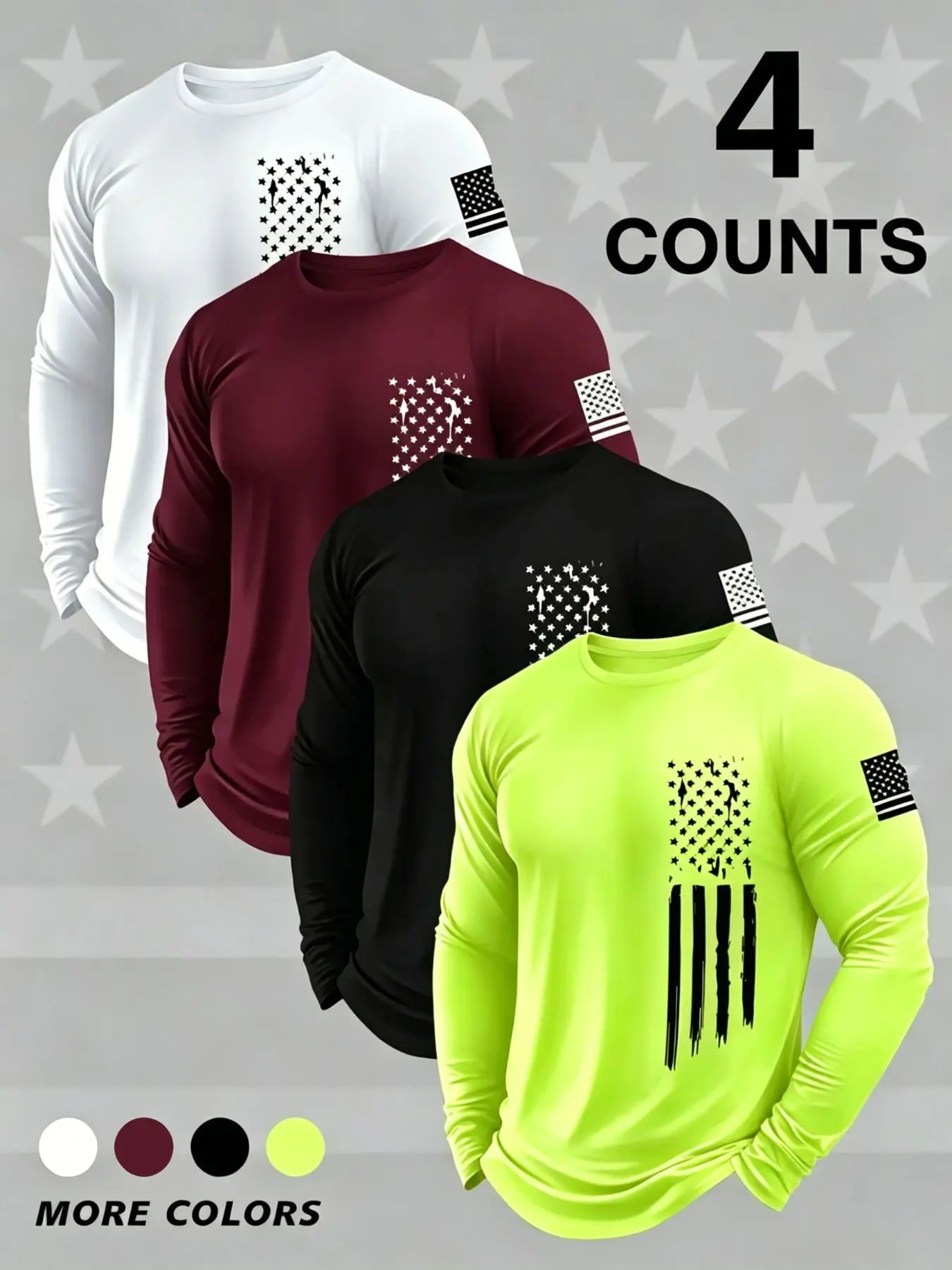 Men's Round Neck Long Sleeve T-Shirts, Casual Knitwear Top, Slight Stretch, Flag Print, Quick Dry, Gym, Running, Outdoor Activities