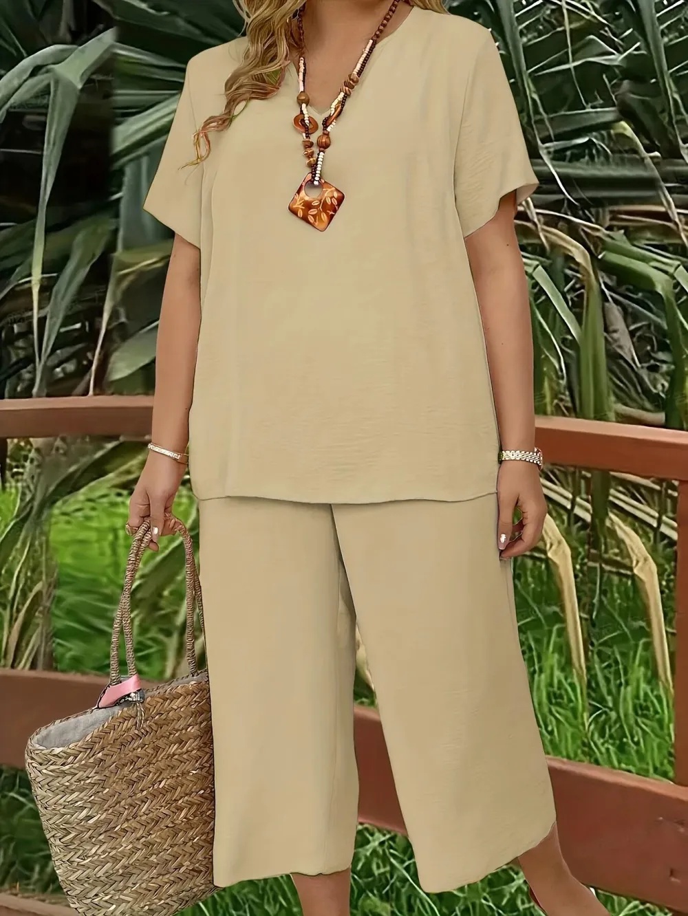 Women's Solid Color Short Sleeve Fashion Top & Casual Wide Leg Pants Set, Summer, Comfortable & Stylish