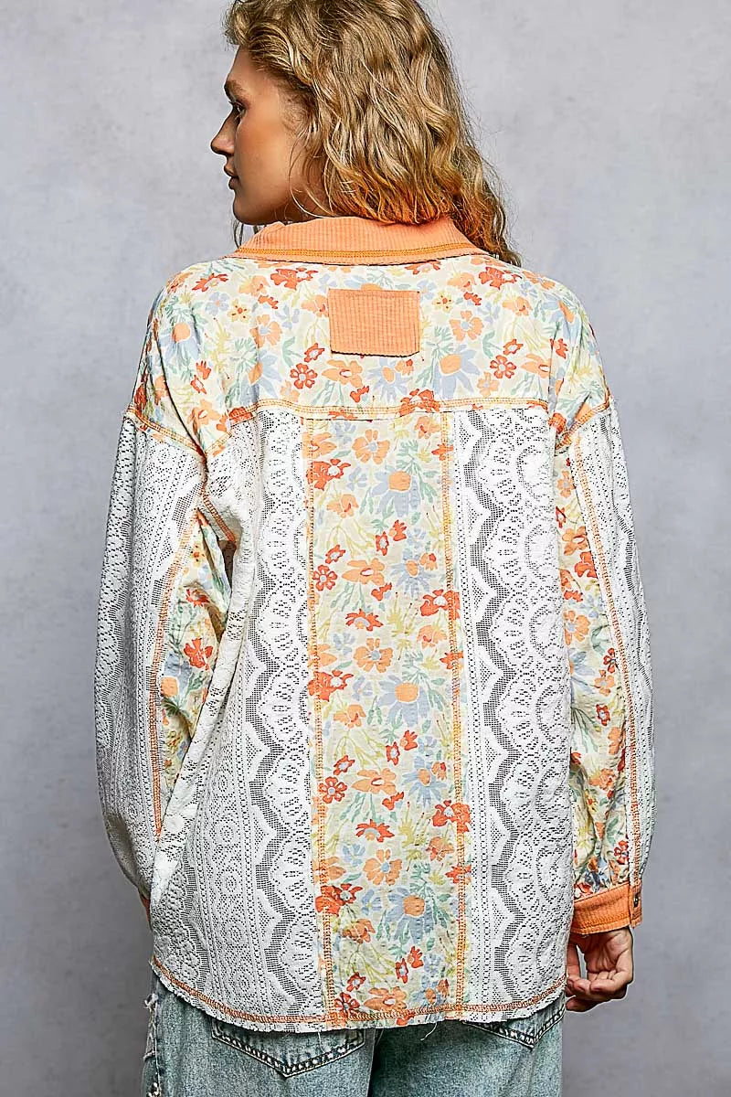 POL Floral Print Long Sleeve Lace Shirt with Front Pocket
