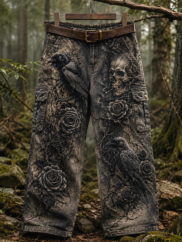 Men's Retro Skull Rose Raven Dark Art Print Casual Pants