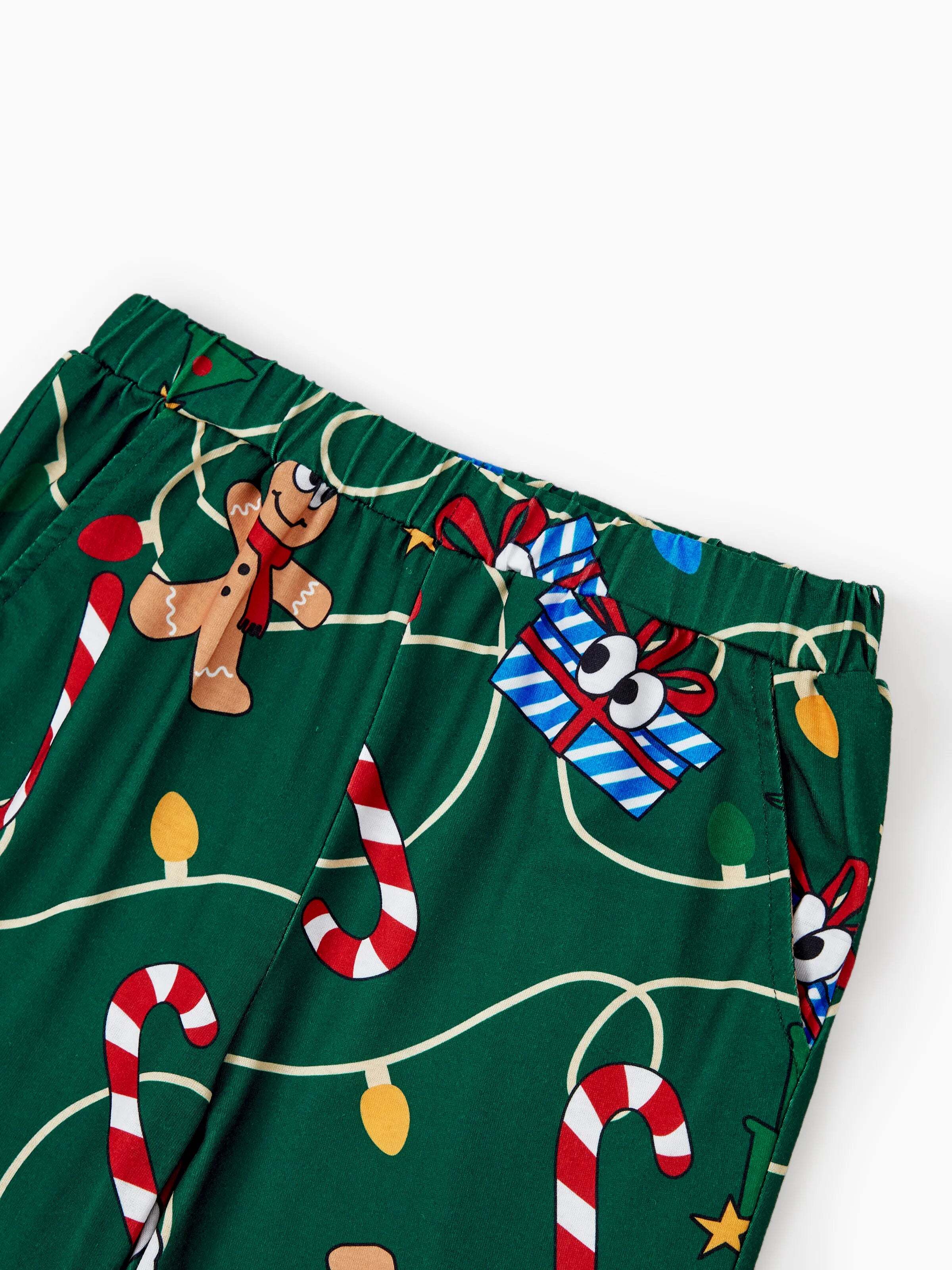 Christmas Matching Family Pajamas Set Gingerbread and Christmas Tree Green and White PJS with Christmas Socks Dark Green