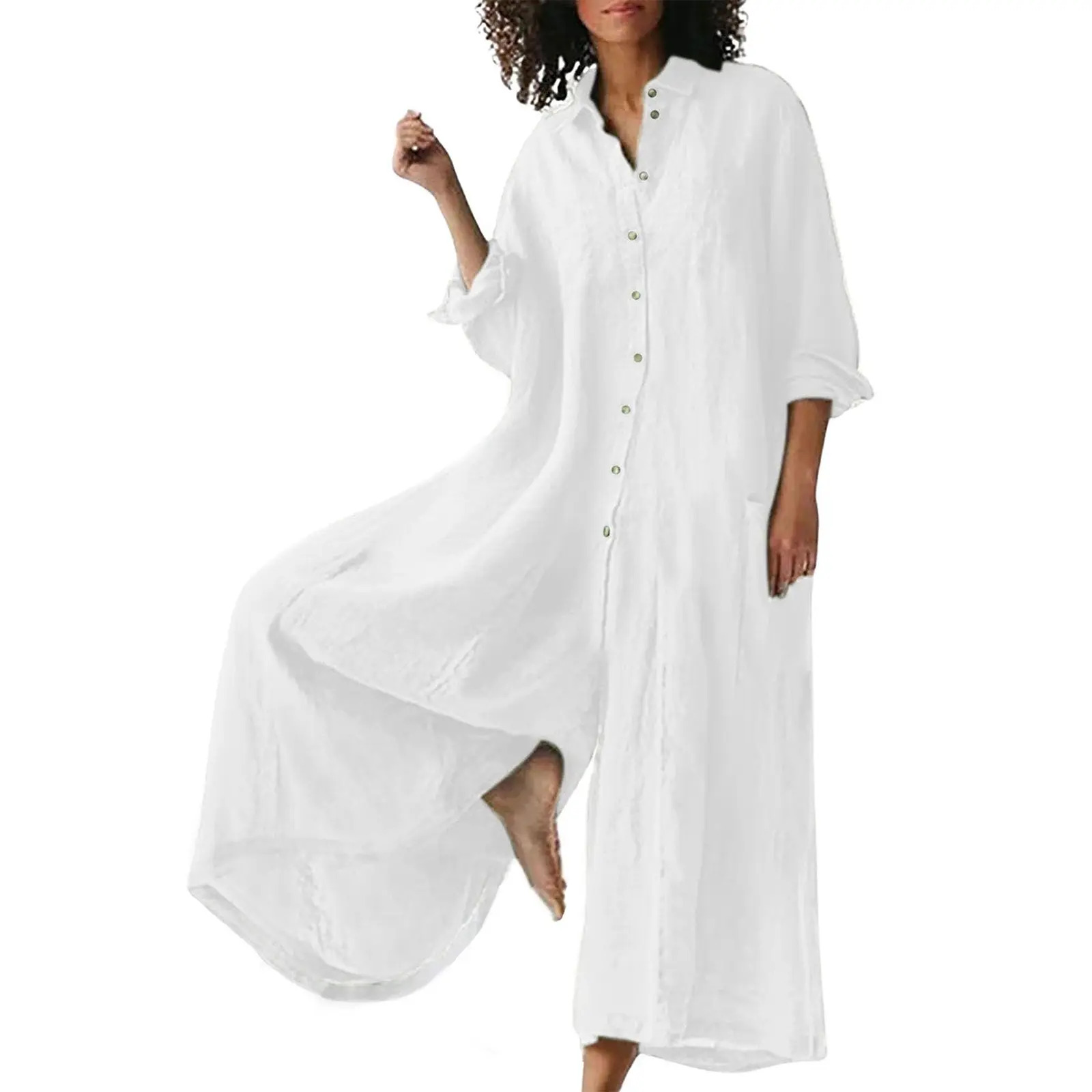 Women's Linen Long-Sleeve Button-Front Wide-Leg Jumpsuit