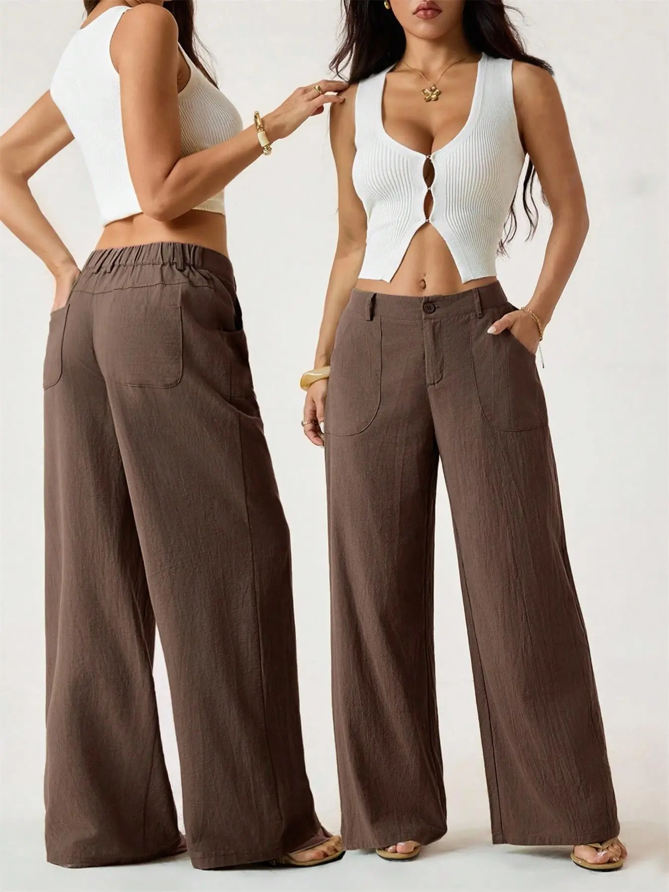Women's Classical Linen Palazzo Pants Summer Flowy Wide Straight Leg Beach Trousers With Pocket Casual Solid Color Soft Elastic High Waist Lounge Pants Travel Vacation Bottoms Date Brunch Home Work Streetwear Outfit