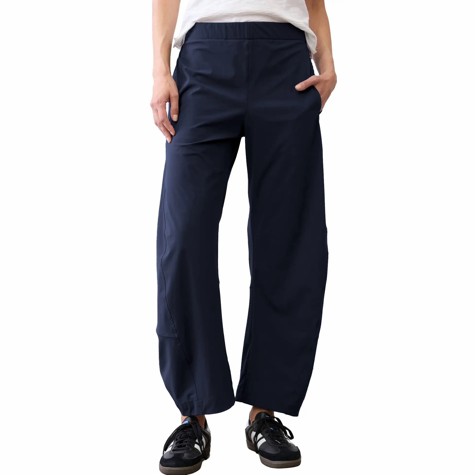 Women's Barrel Travel Pants – Elastic Waistband, Tapered Leg, Baggy Mid Rise Trousers with Pockets