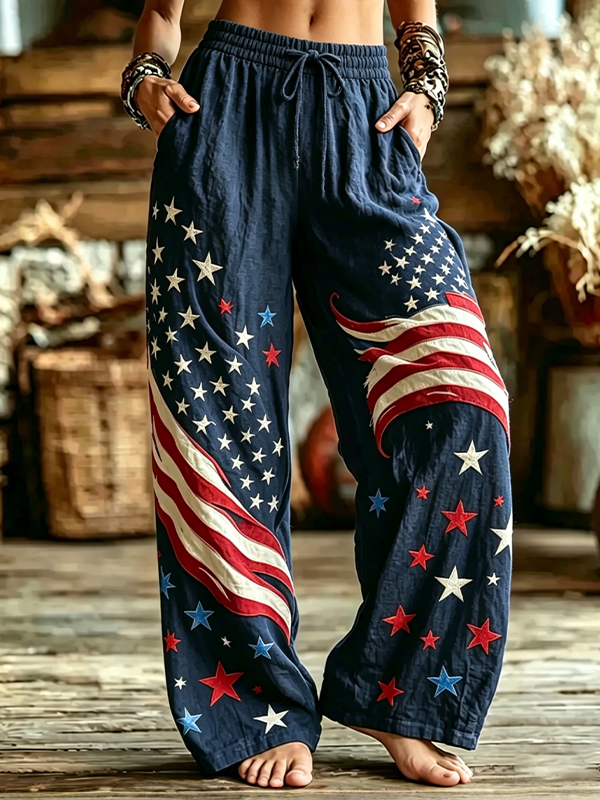 Women's American Flag Star Print Casual Wide Leg Pants