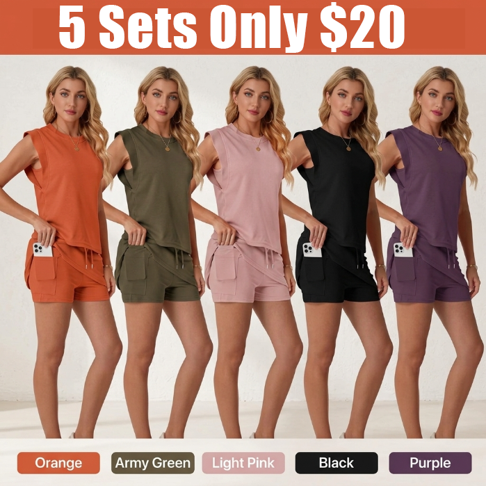 Women's Summer 2 Piece Skort Set Cap Sleeve Round Neck Top & Tennis Skirt with Pockets for Athletic & Casual