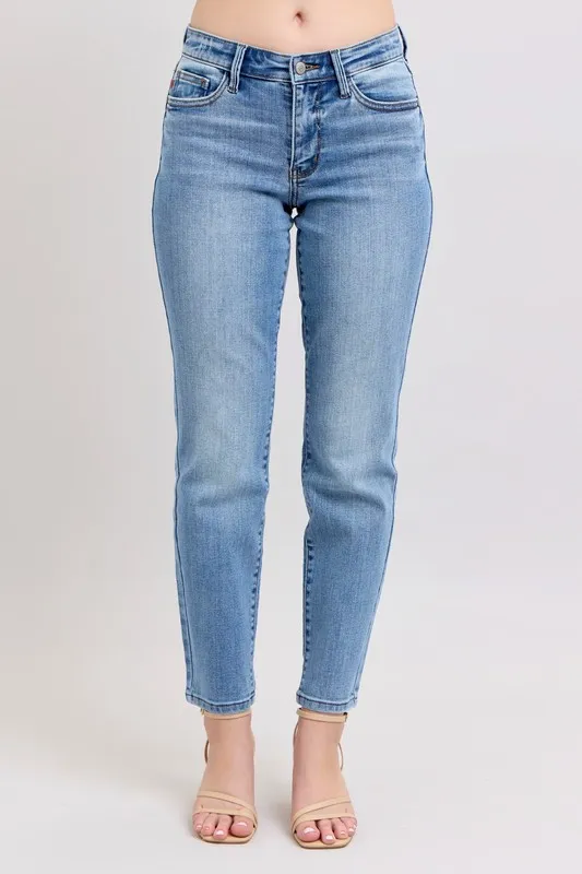 Blue Full Size Mid Rise Vintage Wash Slim Jeans with Cell Phone Pocket Plus Size