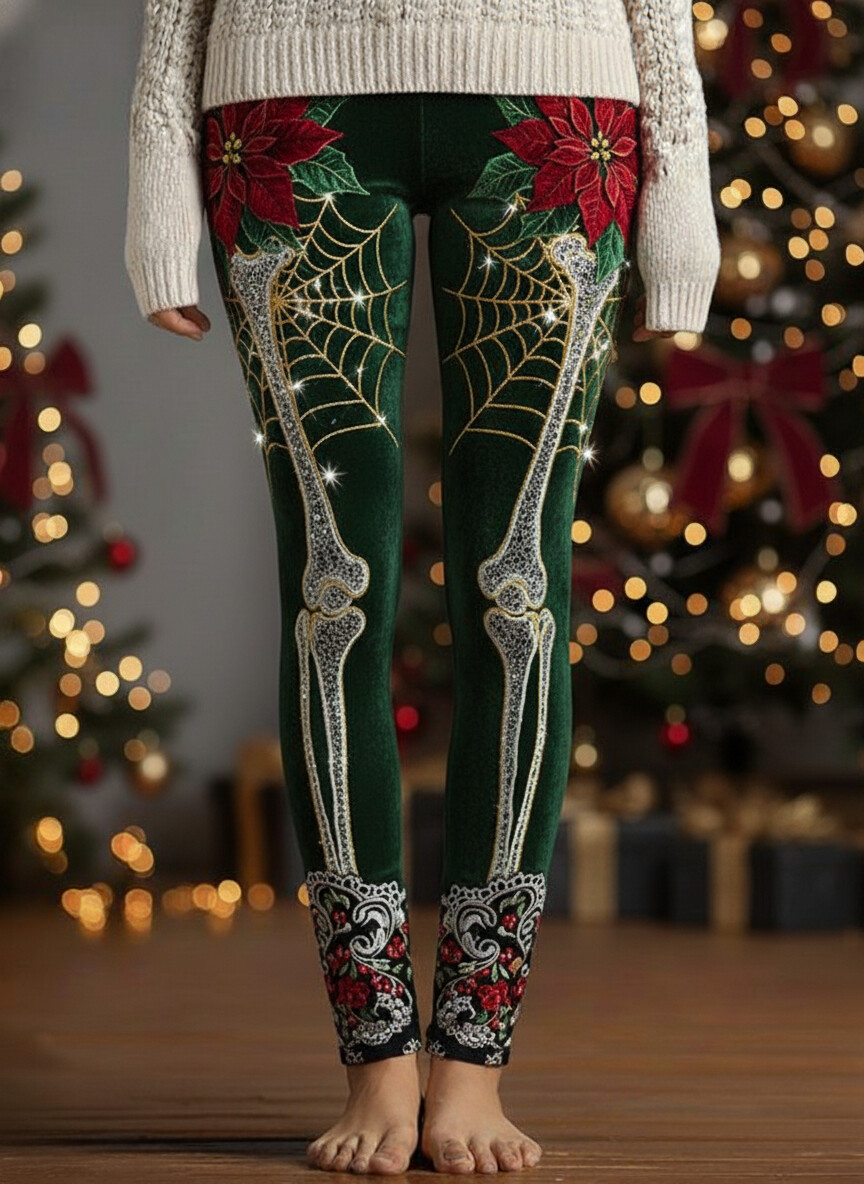 Women's Christmas Gothic Glitter Skeleton Leg Art Print Leggings