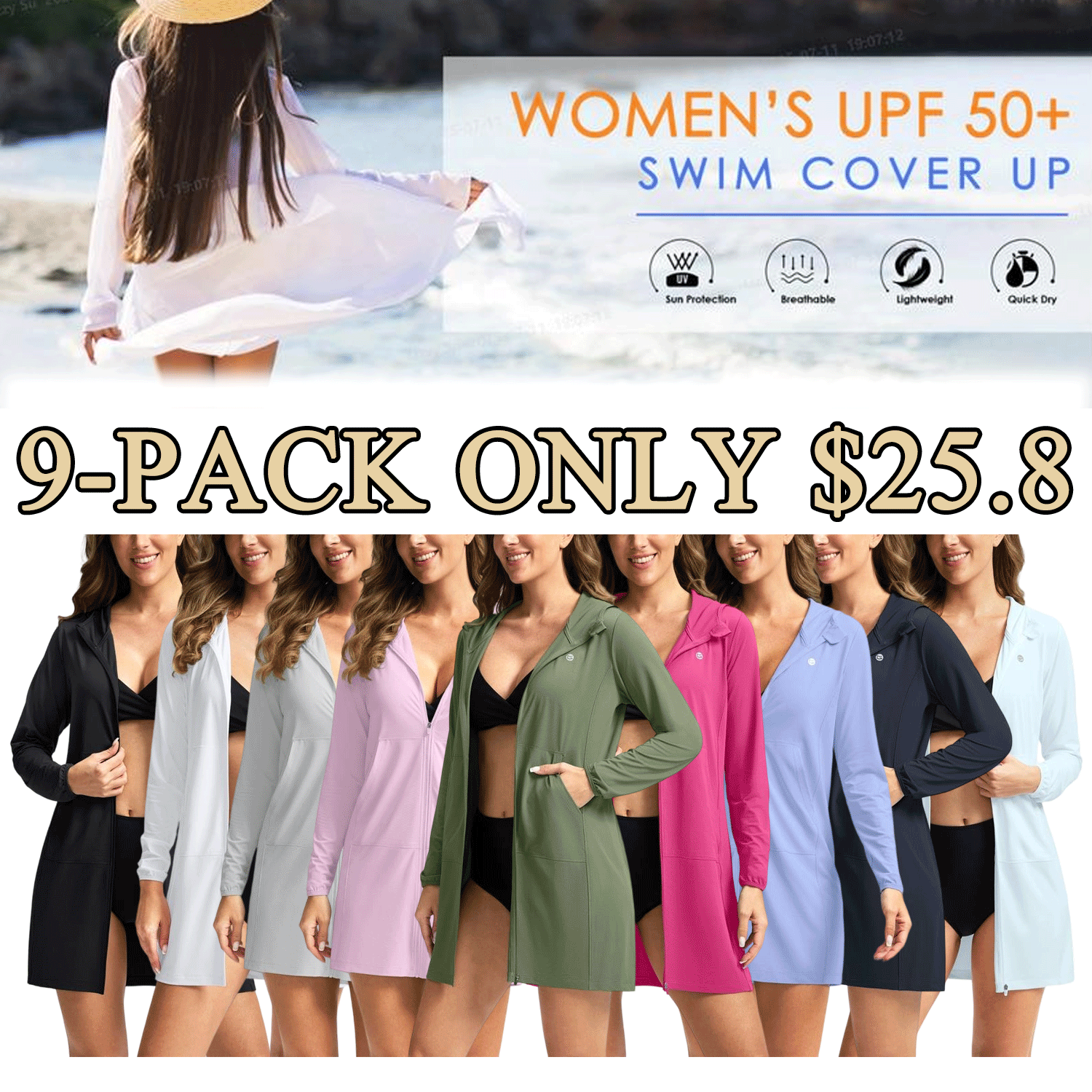 Women’s UPF 50+ Sun Protection Zip-Up Beach Cover-Up Hoodie Dress
