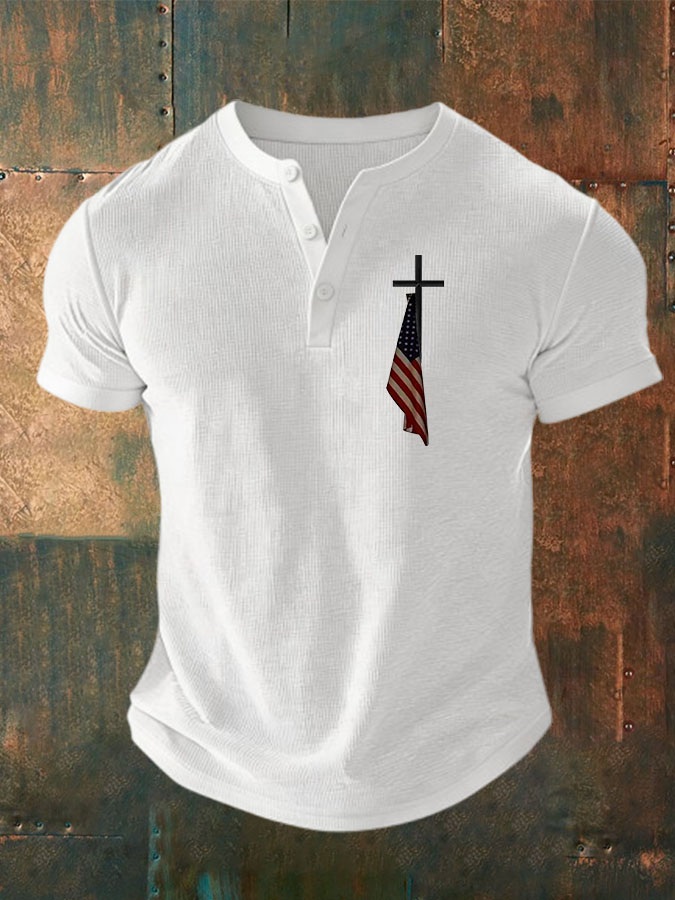 Women's Faith Cross American Flag Printed Waffle Top