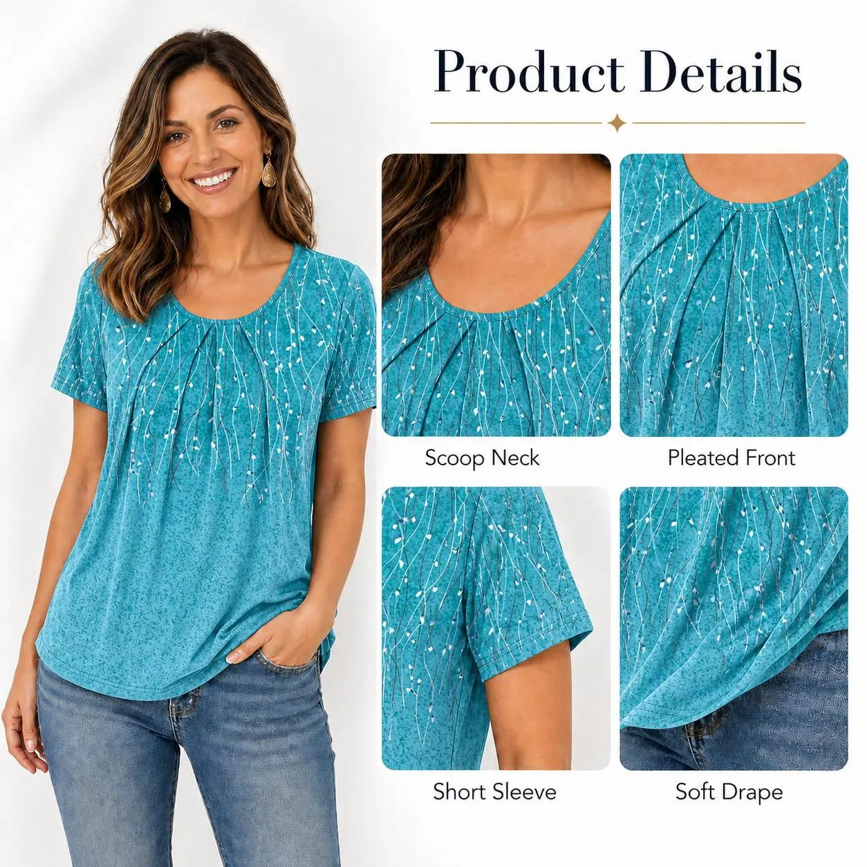 Women T Shirts Pleated Short Sleeve Tops Business Casual Dressy Blouses Crewneck Boho