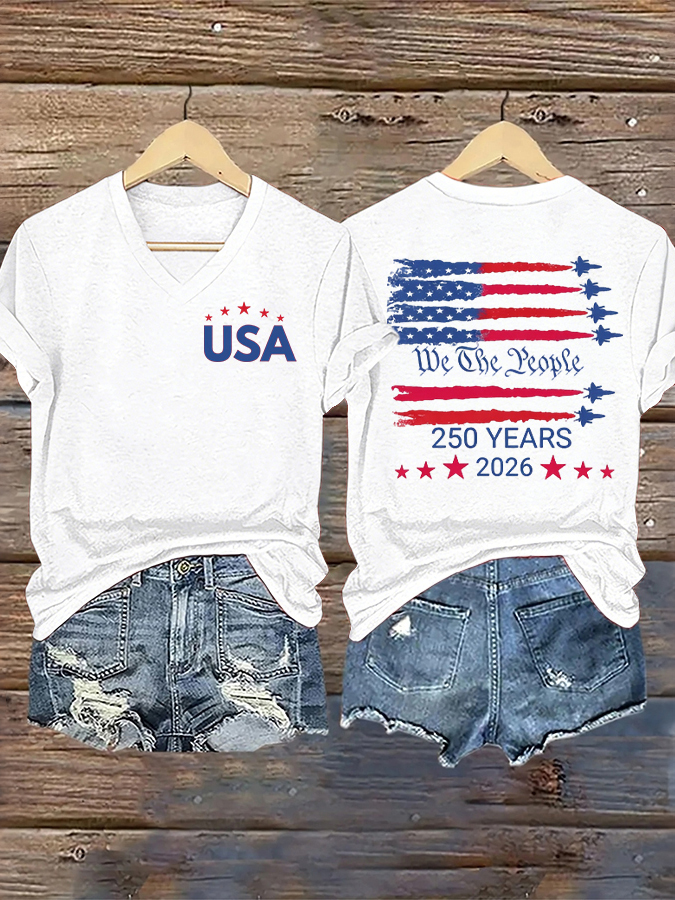 Women'S Casual Flag Printed V-Neck T-Shirt