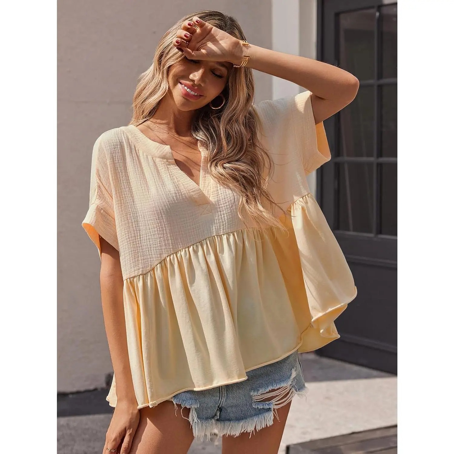 Womens Summer Babydoll Tops V Neck Short Sleeve Pleated Flowy Shirts Casual Loose Fit Peplum Blouse