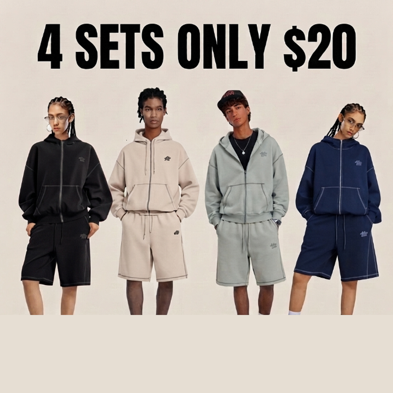 Cloud Boxy Sweat Set Contrast Stitch Zip-Up Jacket & Shorts Oversized Unisex