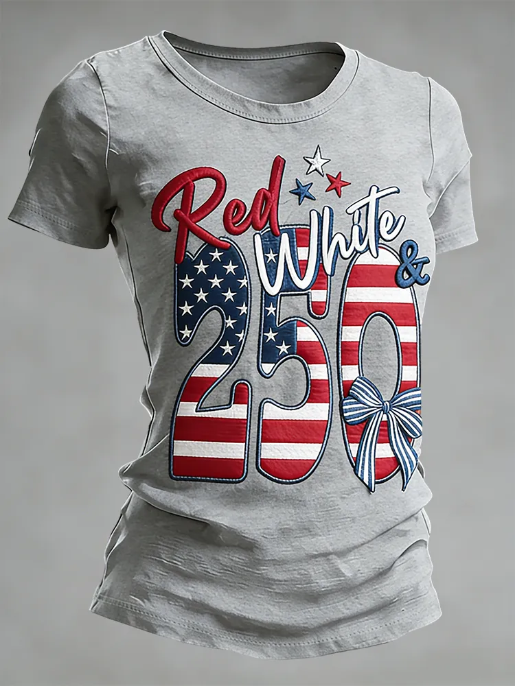 Red and White 250 Patriotic Embroidery Anniversary Commemorative T-shirt
