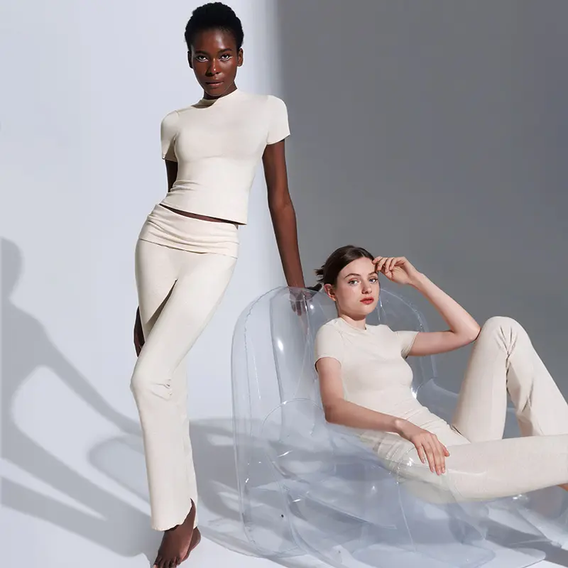 Women's Minimalist Short Sleeve & Fold-Over Flare Pants Lounge Set