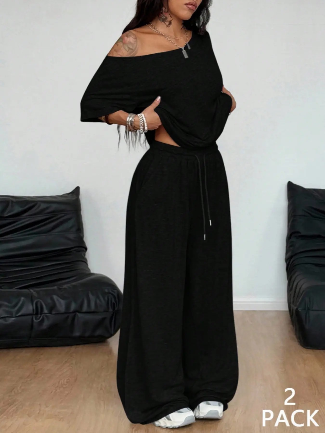 Women's Minimalist Basic Daily Wear Casual Going Out Sport Comfortable Off Shoulder T-Shirt And Wide Leg Pants Two Pieces Outfits