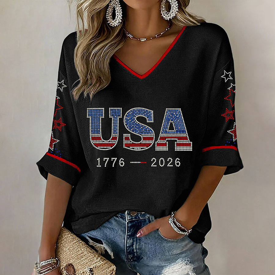 Women's USA 1776-2026 Rhinestone Pattern V-Neck Waffle Top