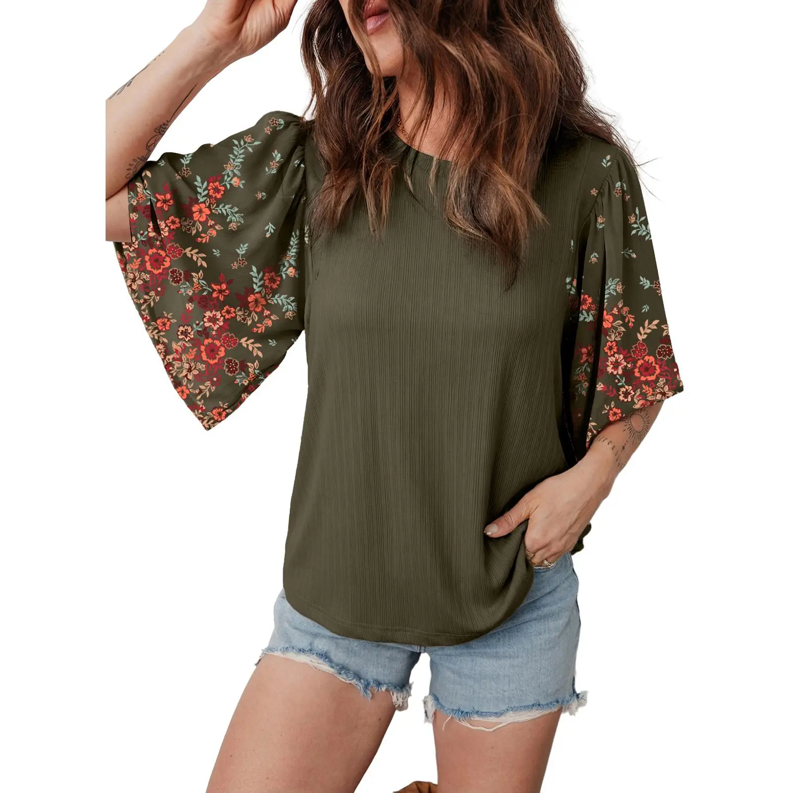 Women's Bohemian-Style T-Shirt Top — Crew Neck, 3/4 Sleeves