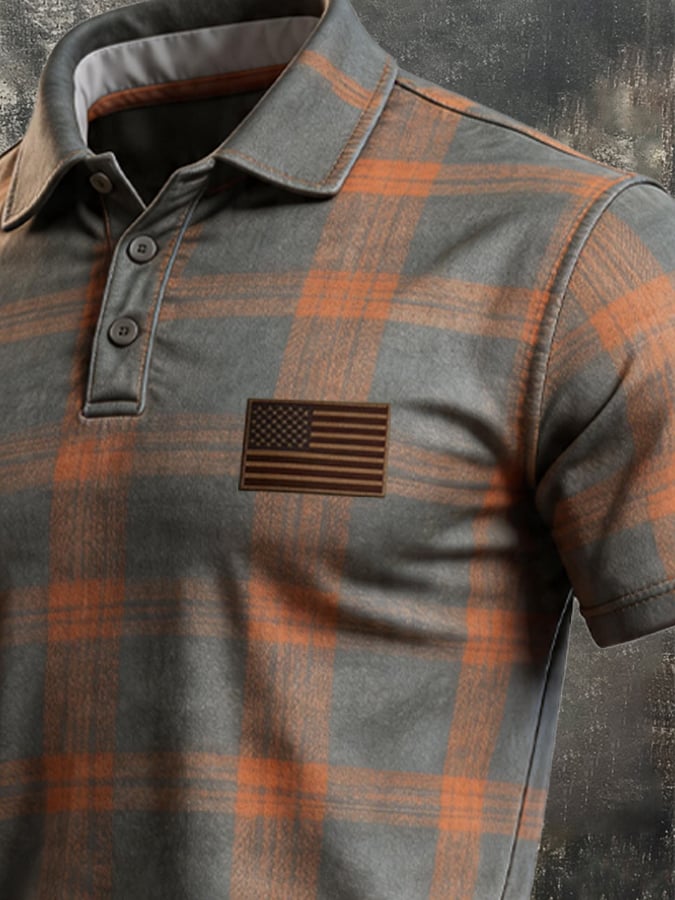 Men's Retro Patriotic Color-Block Short-Sleeve Polo Shirt