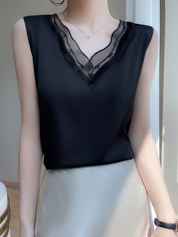 Solid Color Split-Joint Loose Sleeveless V-Neck Vest Top