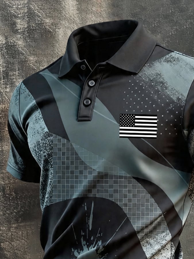 Men's Retro Patriotic Color-Block Short-Sleeve Polo Shirt