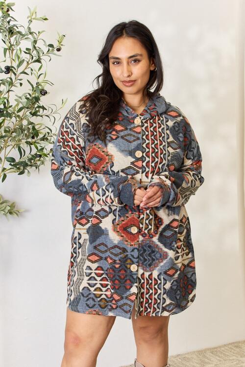 Full Size Printed Button Up Hooded Jacket